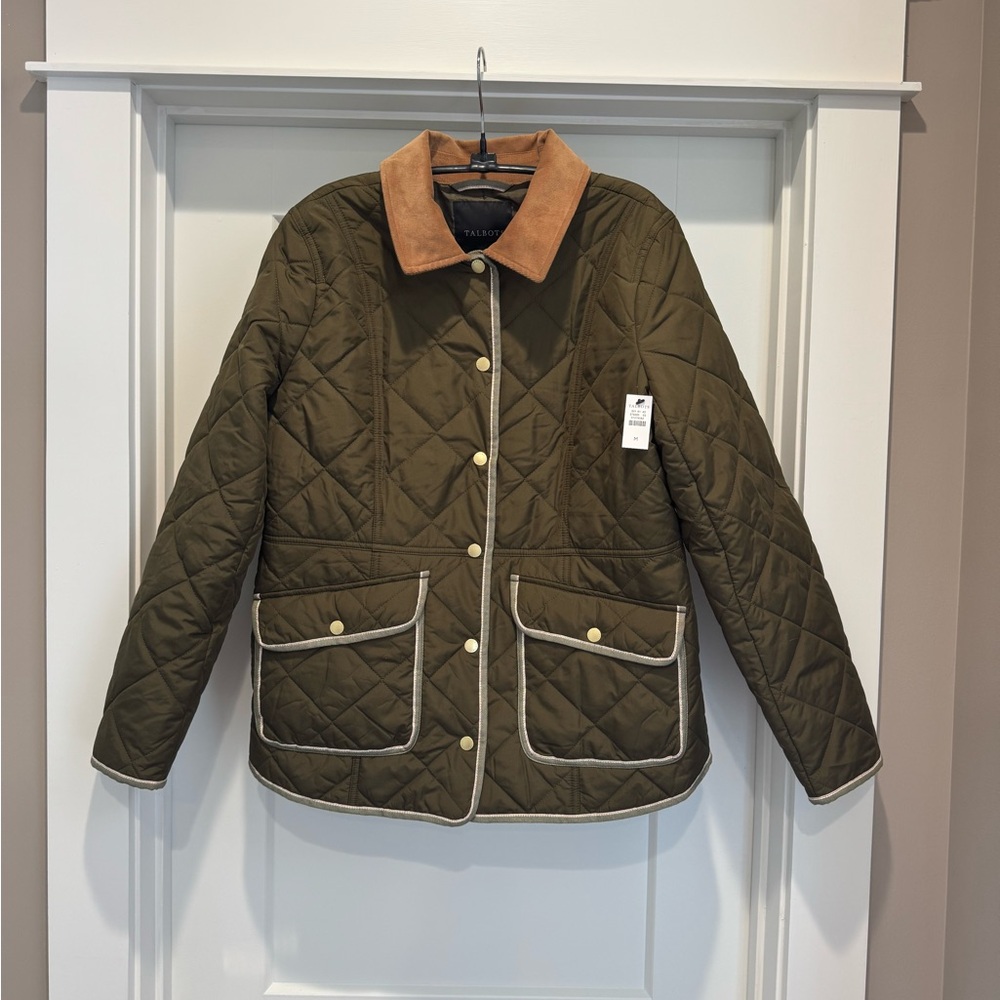 Talbots Olive Quilted Jacket with Tan Corduroy Collar NWT